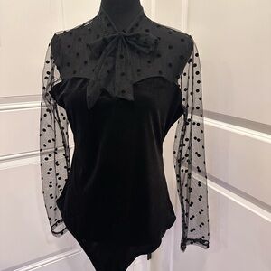 SHEIN Black Velvet Blouse with Sheer Polka Dot Sleeves